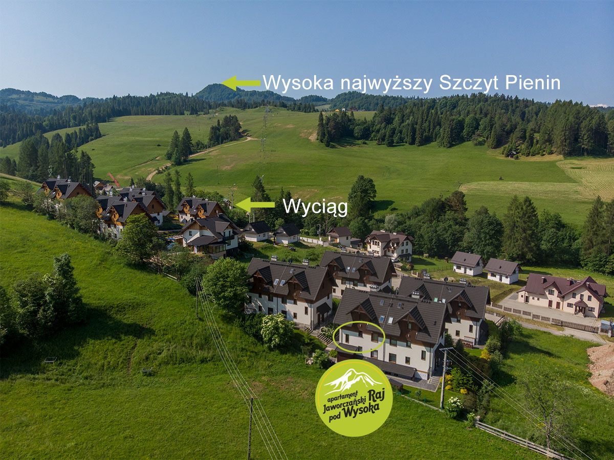 Zdjęcie z lotu ptaka latem: lokalizacja apartamentu Jaworczański Raj pod Wysoką z bliskim dostępem do wyciągu narciarskiego i widokiem na Wysoką, najwyższy szczyt Pienin