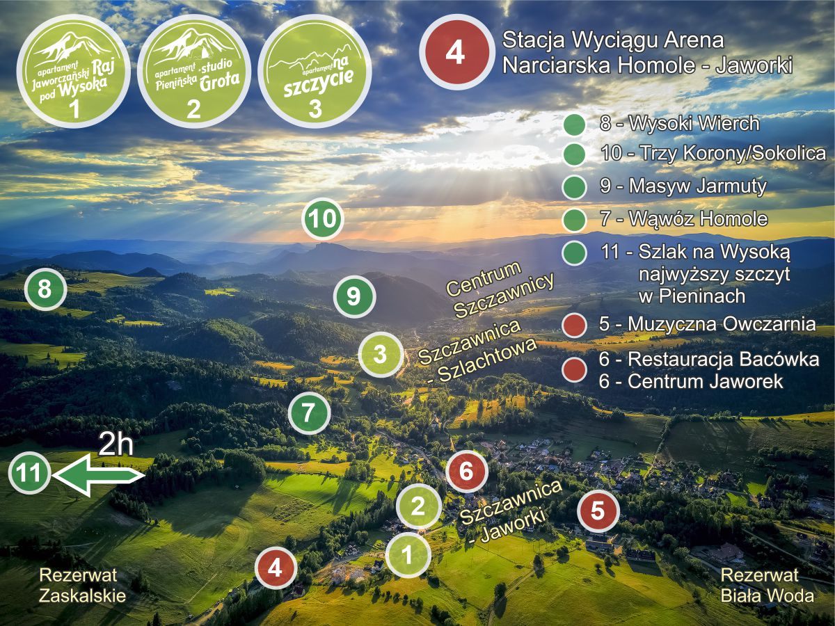 Mapa turystyczna regionu pokazująca doskonałą lokalizację apartamentów względem kluczowych atrakcji w Jaworkach i Szczawnicy, takich jak Wąwóz Homole czy najwyższy szczyt Pienin